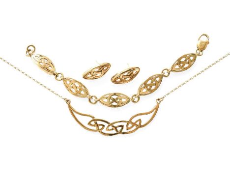 A 9 Carat Gold Necklace, Bracelet and Earring Suite, of Celtic design, earrings with post fittings, necklace length 49.7cm, b