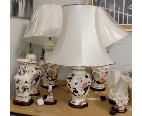 A Large Pair of Modern Masons Pottery Table Lamps, of octagonal form and with scrolling dolphin-form handles, together with t