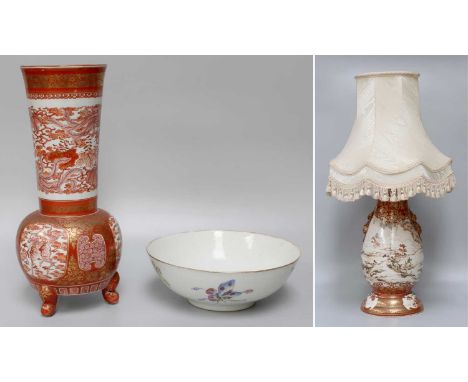 A Japanese Kutani Lamp Base, Meiji period with moulded handles and painted with figures, together with a similar vase and a C