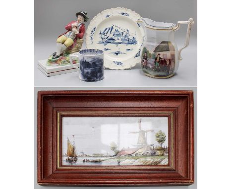 A Creamware Plate, circa 1750, painted in underglaze with a mock Oriental landscape under a moulded border, together with an 
