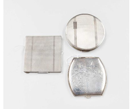 Two Silver Compacts, one circular and one square, each with an engine-turned finish, the hinged covers open to reveal a mirro