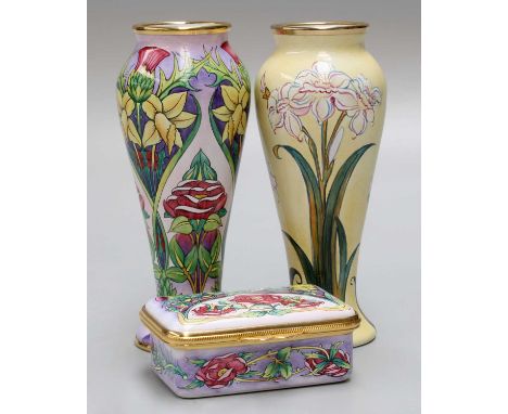 Moorcroft Enamels: "Jubilee" Hinged Trinket Box, oblong, 6.5cm wide with original box, "Jubilee" Vase, 10.5cm high, also with