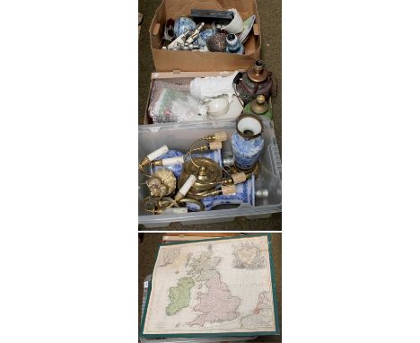 Two Pairs of Brass Twin-Light Wall Sconces, various architectural reclaimed metalwares, various blue and white ceramic table 
