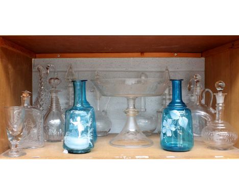 Assorted Glassware, 19th Century and Later, including a centrepiece etched with thistles, Mary Gregory style decanters, and o