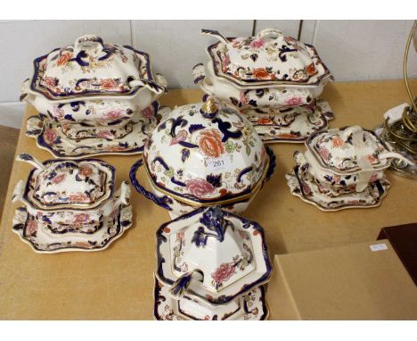 Modern Masons Pottery "Mandalay" Pattern, a pair of soup tureens, covers, stands, and ladles, a pair of sauce tureens covers,