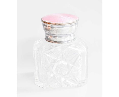 A George Silver-Mounted and Enamelled Cut-Glass Oversized Scent-Bottle, by Adie Brothers Ltd., Birmingham, 1929, oblong, the 
