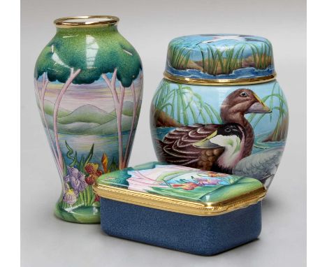 Moorcroft Enamels: "Eider Duck" Vase and Cover, limited edition 7/75, 7cm high with original box, Lakeland Landscape with Iri