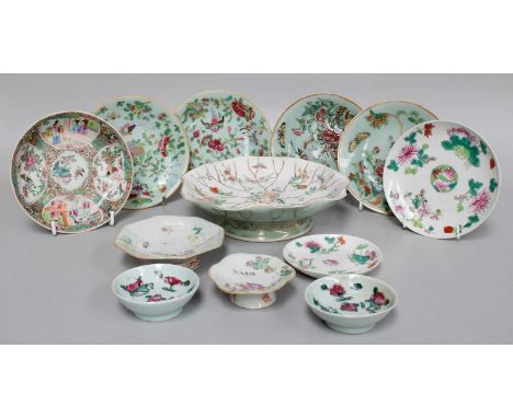 A Chinese Porcelain Footed Dish, Tongzhi, formed as a waterlily pad, painted in famille rose enamels with peonies and grassho