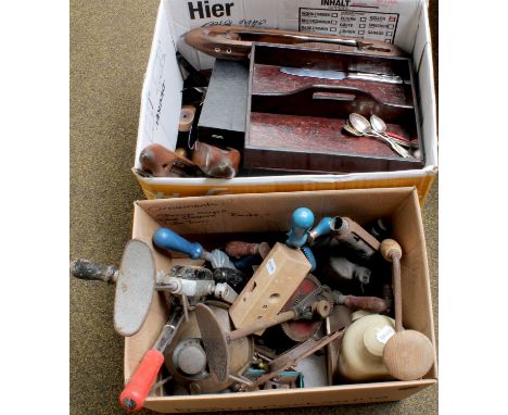 Two Boxes Containing Assorted Hand Tools, weaving shuttles and bobbins, silver plated table service in the Kings pattern, oth