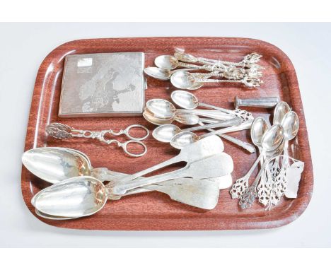 A Collection of Assorted Silver, including a Swedish cigarette-case, 1960, oblong and engine-turned, engraved with a map of t