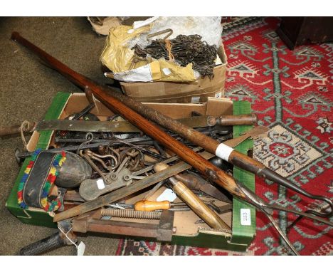 Argricultural Equipment Including; land chains, two tine hay / threshing pitchforks, blacksmith made mancur balances and stee