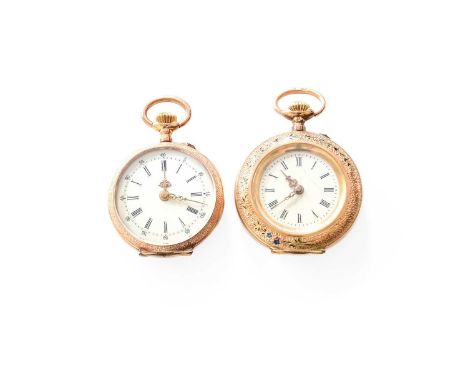 Two Lady's 14 Carat Gold Enamel Fob Watches, both cases stamped 585, both case backs with enamel and depicting a cat on one a