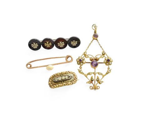 A Small Quantity of Jewellery, including a paste and enamel brooch, measures 2.6cm by 1.5cm; a diamond trefoil motif brooch, 