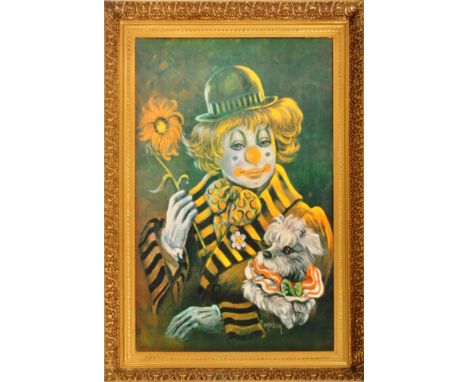 A retro mid 20th Century print on card portrait picture of a clown. The clown depicted wearing a small bowler hat and large c