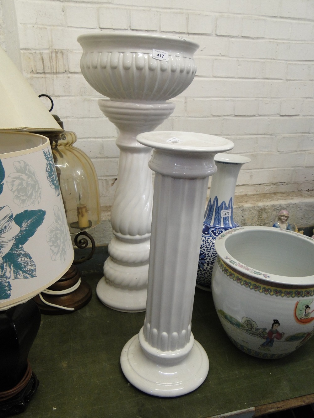 2 White pottery jardiniere stands & one pot