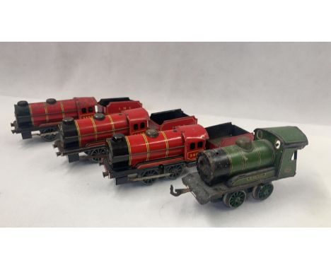 Chad Valley 0 Gauge tin plate 0-4-0 clockwork engine & tenders in Red LMS 3402 livery, playworn and includes Chad Valley 0-4-