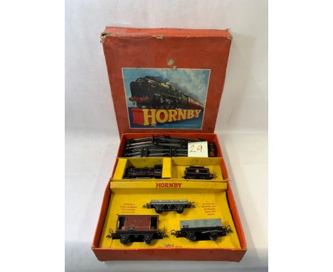 Hornby 0 gauge clockwork goods set no. 55 with 0-4-0 engine no. 60199 & Tenfer in black plus flatbed open and breake van wago