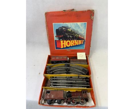 Hornby 0 gauge clockwork set no.30 with 0-4-0 LMS engine no tender. 1 tin plate carriage 1 LMS carriage & goods brake van plu