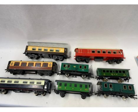 Mixed group of 0 Gauge rolling stock, ETS, VED (K) and LENZ, plus carriages possibly Bassett Lowke and Hornby, 8 in total    