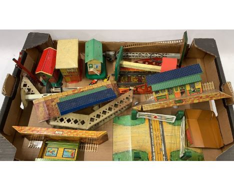 Hornby, Brimtoy and others, stations, trackside buildings, level crossing, signals etc (14 units)    condition 5, playworn   