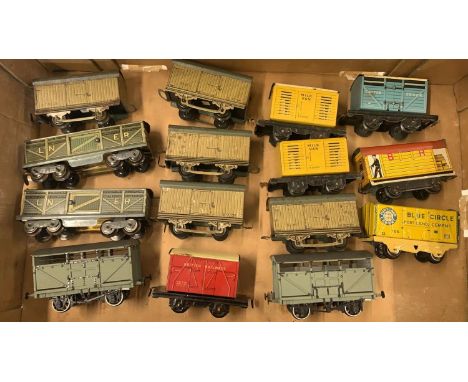 Aitch & Chad valley 0 gauge tin plate & composite frieght wagons, Animal, guards brake & box etc, worn  Condition 5  898