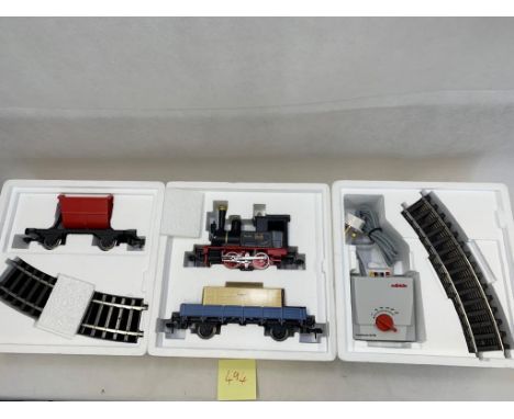 Marklin Maxi G Guage elec tric goods set. 2 rail system with Emma 0-4-0 tank engine & tipper, low sided goods wagons, transfo