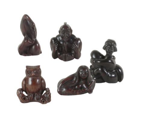 A GROUP OF FIVE JAPANESE NETSUKE the tallest, a crane and dogs figured example, signed to the base, 5.5cm high, the smallest,
