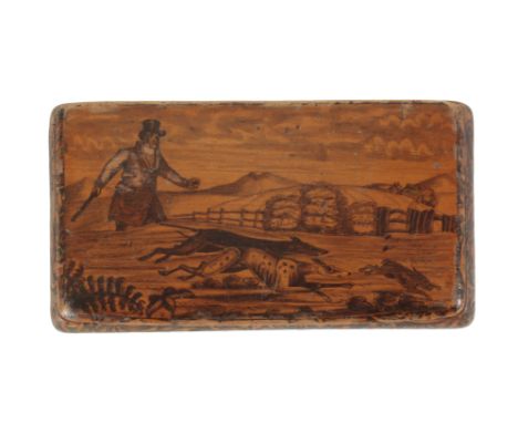 A RARE VICTORIAN MAUCHLINE WARE PEN-WORK SNUFF BOX decorated with a hunting scene and foliate holly decoration to the outside