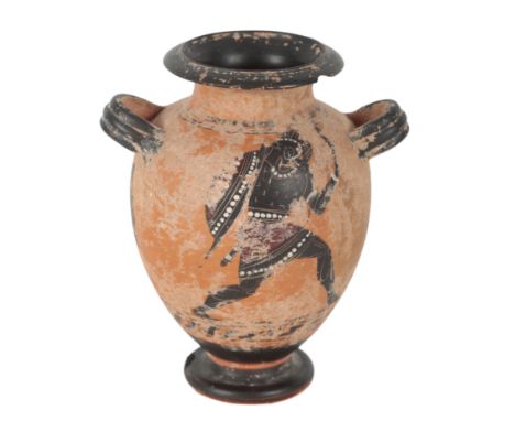 AN ATTIC STYLE BLACK FIGURE VASE of amphora form, the body decorated with figures and warriors, with twin handles on a pedest