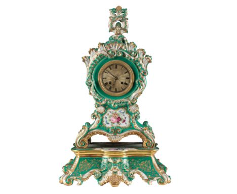 A 19TH CENTURY FRENCH PORCELAIN MANTLE CLOCK the silvered engine turned dial with Roman numerals, the two train movement with