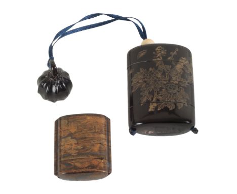 TWO JAPANESE BLACK LACQUER THREE-CASE INROS one with gilded decoration of birds amongst blossom, signed, with ojime and netsu