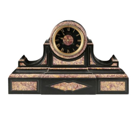 A 19TH CENTURY FRENCH BLACK AND VARIEGATED MARBLE MANTLE CLOCK the dial inscribed â€˜Birkle Brothers, 26 Commercial Road, Lon