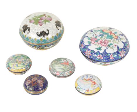 A GROUP OF SIX CHINESE ENAMEL BOXES the tallest example, decorated with peaches and bats, measures 6.5cm high x 10.5cm wide, 