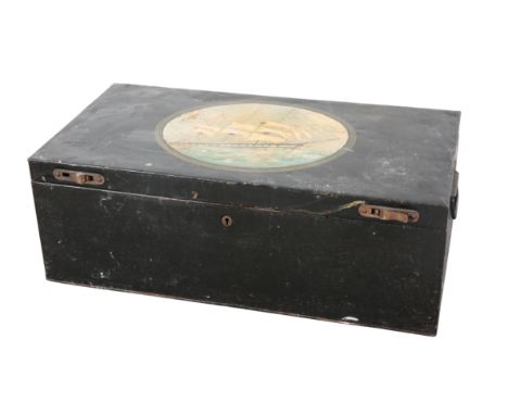 A NAVAL PAINTED METAL TRUNK 19th Century, the top later painted with vignette of a schooner reputedly by Pauline Victoria Dri
