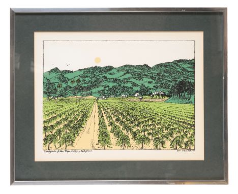 EARL THOLLANDER (1922-2001) 'Vineyards of the Napa Valley, California' signed and dated '74 in plate, colour print, 39cm x 51