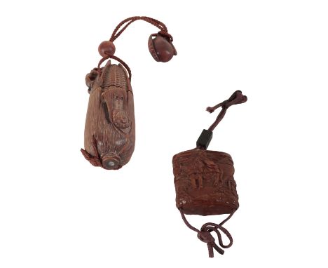 TWO JAPANESE CARVED WOOD INROS one example, late Meiji period, carved with warriors, with a carved ojime, signed to the base,