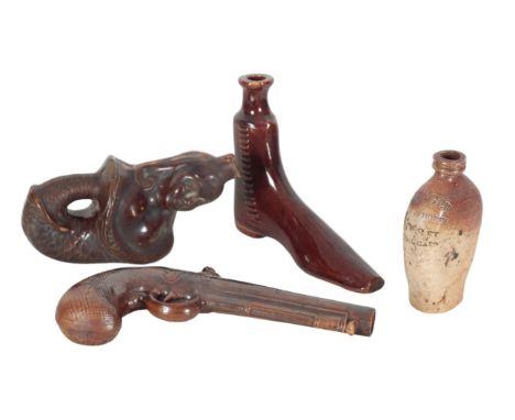 A 19TH CENTURY FULHAM POTTERY SALT GLAZED STONEWARE FLASK MODELLED AS A FLINTLOCK PISTOL 27cm long, and three other stoneware