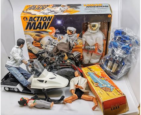 Action figures and toys. 7 Wells Brimtoy trucks, 2 vintage magic trick boxes, 50s French wind up car, Action Man lunar missio