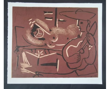 After Pablo Picasso, Reclining Woman and Guitar Playing Picador, 1962, Linocut, 27cm by 32.5cm.Provenance Goldmark Art