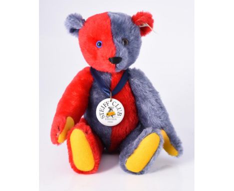 
	
		STEIFF, CLUB EDITION 2000, 04665, CIRCA 2000
		Red and blue grey mohair, with a circular porcelain Steiff Club medallion