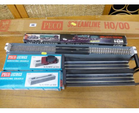 BOX OF ASSORTED MODEL RAILWAY ACCESSORIES - TEST TRACK, SERVICING CRADLES, H0/00 TRACK AND A SMALL MODEL STEAM TRACTOR