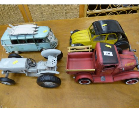 4 MODEL VEHICLES - CAR, VW VAN, FIRE CHIEF TRUCK AND TRACTOR