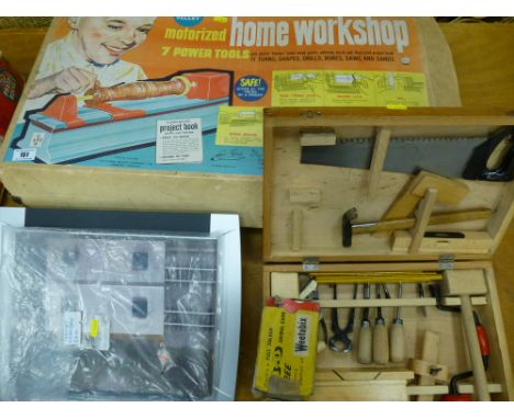 CHAD VALLEY MOTORIZED HOME WORKSHOP, HORNBY TRAIN MAT, SMALL WORK TABLE, WEETABIX VIEWER AND A SMALL TOOLSET