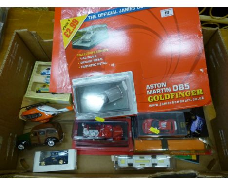 BOX OF ASSORTED VEHICLES AND MAGAZINES INCLUDING JAMES BOND CAR COLLECTION ASTON MARTIN DB5, KELLOGGS VAN, CORGI MINI, HELICO