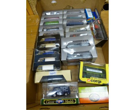 BOX OF ASSORTED BOXED VEHICLES INCLUDING EXCLUSIVE FIRST EDITIONS BUSES AND TRAMS, CORGI BUS, CORGI PICKFORDS VANS, MATCHBOX,