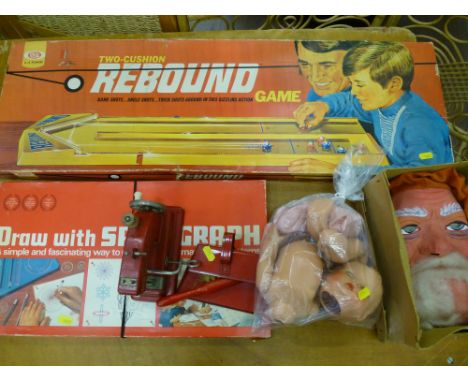 TWO-CUSHION REBOUND GAME, SPIROGRAPH, DOLL, SANTA MASK,VULCAN SEWING MACHINE AND MINIATURE DUSTPAN AND BRUSH