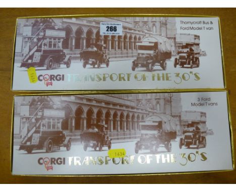 2 CORGI TRANSPORT OF THE 30'S SETS - THORNYCROFT BUS AND FORD MODEL T VAN AND 3 FORD MODEL T VANS