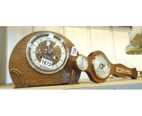 Oak mantle clock and barometer