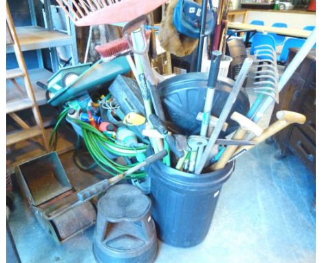 Webb push lawnmower and wheelbarrow containing garden tools, step ladders and tree loppers etc 