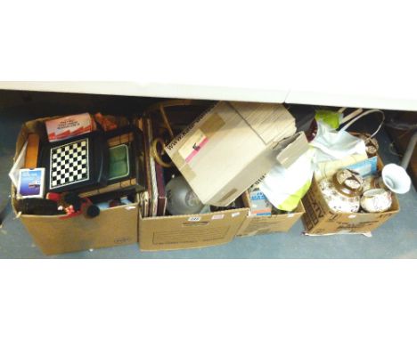 Four boxes of mixed item including ceramics, toys, glassware, records etc